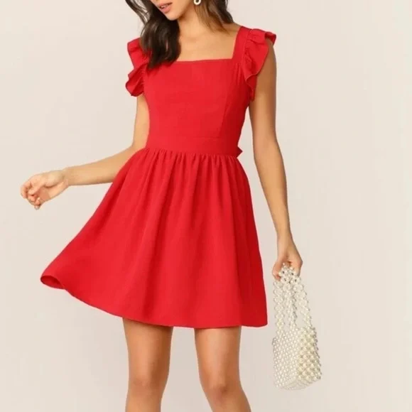 Shein NWOT Red Ruffle Sleeve Dress - Picture 1 of 7